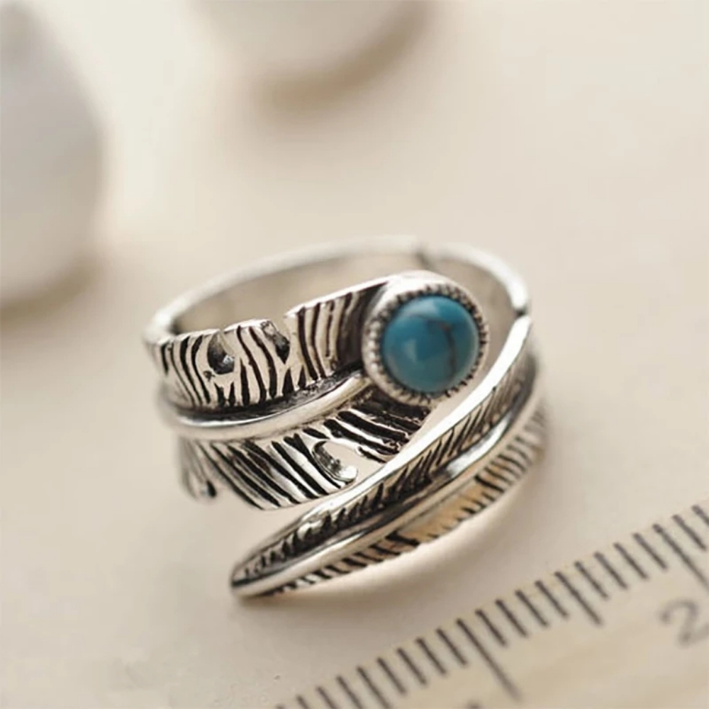 LAST! NEW 925 Sterling Silver Feather Turquoise Ring | Adjustable Size - Picture 2 of 16